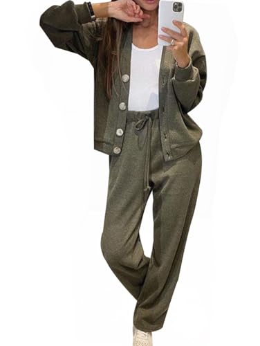 Minetom Damen 2 Stück Strickanzug Anzug Knöpfe Langarm Cardigan Strickjacke und Hosen Freizeitanzug Sportanzug Trainingsanzug Loungewear Set A Grün XL von Minetom