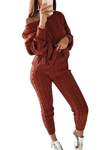 Minetom Damen 2 Stück Strickanzug Bekleidung Set Outfits Aus Langarm Schulterfrei Strickpullover Und Paket Hüfte Hosen Beiläufig Outfit Freizeitanzug Sportanzug Loungewear Pullover Suit Weinrot M von Minetom