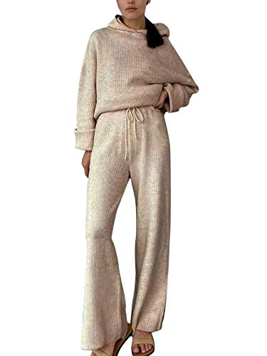 Minetom Damen 2 Stück Strickanzug Langarm Strickpullover Kapuzenpullover mit Kapuze und Lange Jogginghose Zweiteilige Outfit Freizeitanzug Sportanzug Loungewear Set Aprikose 42 von Minetom