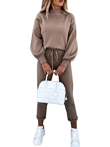 Minetom Damen 2 Stück Strickanzug Pullover Anzug Langarm Gestrickt Oberteile und Kordelzug Hosen Zweiteilige Strickpullover Sportanzug Trainingsanzug B Khaki 38 von Minetom