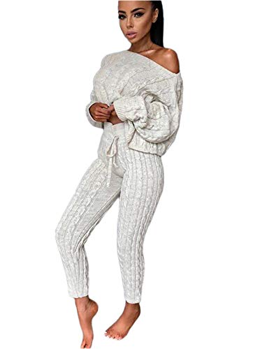 Minetom Damen 2 Stück Strickanzug Pullover Anzug Langarm Pullover Schulterfrei Oversize Zweiteilige Sweatsuit 2 Stück Outfits Freizeitanzug Sportanzug Herbst Winter Beige XL von Minetom