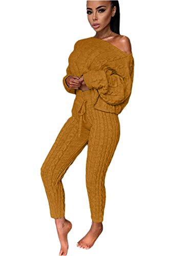 Minetom Damen 2 Stück Strickanzug Pullover Anzug Langarm Pullover Schulterfrei Oversize Zweiteilige Sweatsuit 2 Stück Outfits Freizeitanzug Sportanzug Herbst Winter Khaki S von Minetom
