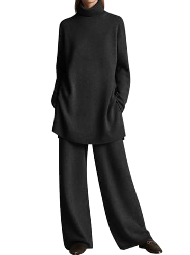 Minetom Damen 2 Stück Strickanzug Pullover Anzug Langarm Rollkragen Gestrickt Oberteile und Hosen Zweiteiler Outfit Lose Freizeitanzug Sportanzug Trainingsanzug Loungewear Set A Schwarz XS von Minetom