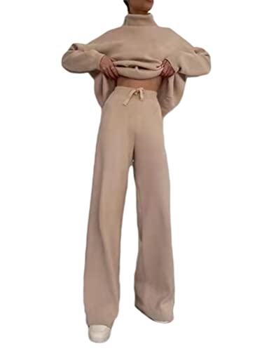 Minetom Damen 2 Stück Strickanzug Pullover Anzug Langarm Rollkragen Gestrickt Oberteile und Hosen Zweiteilige Strickpullover Sportanzug Trainingsanzug A Khaki S von Minetom