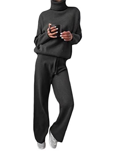 Minetom Damen 2 Stück Strickanzug Pullover Anzug Langarm Rollkragen Gestrickt Oberteile und Hosen Zweiteilige Strickpullover Sportanzug Trainingsanzug B Dunkelgrau XXL von Minetom