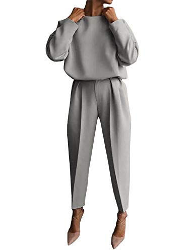 Minetom Damen 2 Stück Strickanzug Pullover Anzug Langarm Rundhals Oberteile und Hosen Zweiteilige Strickpullover Sportanzug Trainingsanzug C Grau 40 von Minetom
