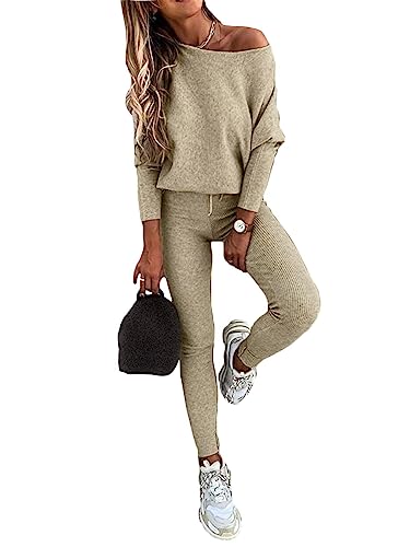 Minetom Damen 2 Stück Strickanzug Pullover Anzug Langarm Schulterfrei Gestrickt Oberteile und Hosen Zweiteilige Strickpullover Sportanzug Trainingsanzug A Beige 36 von Minetom