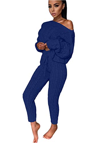 Minetom Damen 2 Stück Strickanzug Pullover Anzug Langarm Schulterfrei Gestrickt Pullover und Hosen Kordelzug Zweiteilige Sweatshirt Sportanzug Trainingsanzug Blau M von Minetom