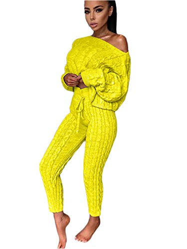 Minetom Damen 2 Stück Strickanzug Pullover Anzug Langarm Schulterfrei Gestrickt Pullover und Hosen Kordelzug Zweiteilige Sweatshirt Sportanzug Trainingsanzug Gelb S von Minetom