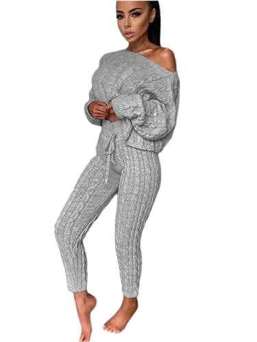 Minetom Damen 2 Stück Strickanzug Pullover Anzug Langarm Schulterfrei Gestrickt Pullover und Hosen Kordelzug Zweiteilige Sweatshirt Sportanzug Trainingsanzug Grau L von Minetom