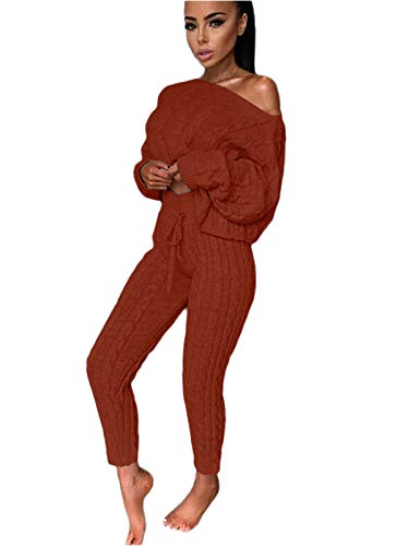 Minetom Damen 2 Stück Strickanzug Pullover Anzug Langarm Schulterfrei Gestrickt Pullover und Hosen Kordelzug Zweiteilige Sweatshirt Sportanzug Trainingsanzug Weinrot M von Minetom