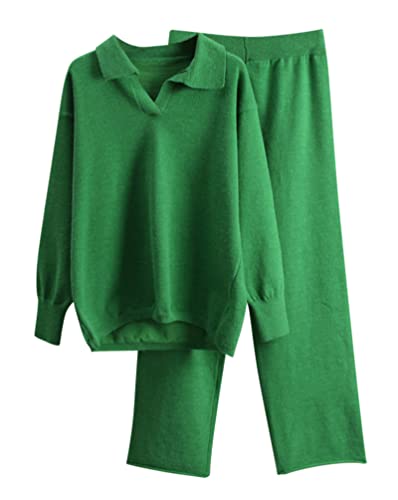 Minetom Damen 2 Stück Strickanzug Pullover Anzug Langarm V-Ausschnitt Oberteile und Hosen Zweiteilige Strickpullover Sportanzug Trainingsanzug Loungewear Set Grün L von Minetom