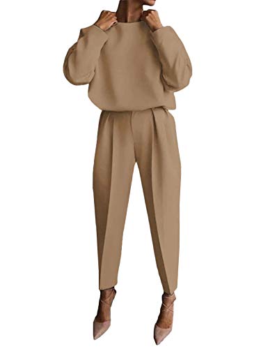 Minetom Damen 2 Stück Strickanzug Pullover Anzug Rundhals Oberteile Hosen Zweiteilige Strickpullover Sportanzug Trainingsanzug D Khaki 40 von Minetom