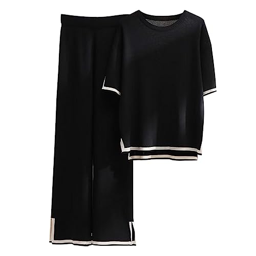 Minetom Damen 2 Stück Strickanzug Pullover Anzug Sommer Elegant Kurzarm Gestrickt Oberteile und Hosen Zweiteilige Strickpullover Sportanzug Trainingsanzug A Schwarz M von Minetom