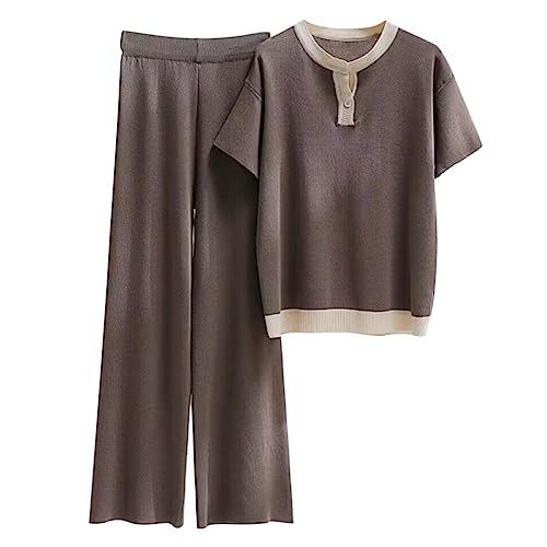 Minetom Damen 2 Stück Strickanzug Pullover Anzug Sommer Elegant Kurzarm Gestrickt Oberteile und Hosen Zweiteilige Strickpullover Sportanzug Trainingsanzug B Grau L von Minetom