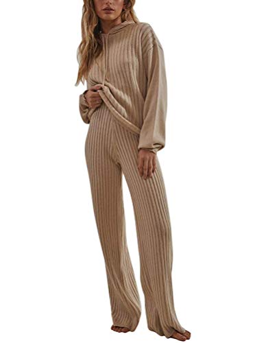 Minetom Damen 2 Stück Strickanzug aus Langarm Strickpullover mit Kapuze Und Lange Jogginghose Zweiteilige Beiläufig Outfit Freizeitanzug Sportanzug Loungewear Set A Khaki M von Minetom