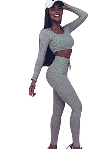 Minetom Damen 2 Stücke Set Outfit Sport Yoga Fitness Bodycon Slim Jogginganzug U-Ausschnitt Langarmhemd Jumpsuit Crop Top + Leggings Grau DE 36 von Minetom