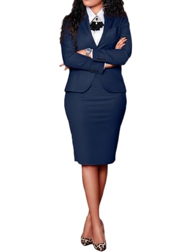 Minetom Damen 2-teiliges Anzug Set Langarm Blazer und Rock Slim Fit Bleistiftrock Zweiteiler Elegant Business Büro Outfit A Blau S von Minetom