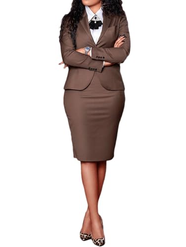 Minetom Damen 2-teiliges Anzug Set Langarm Blazer und Rock Slim Fit Bleistiftrock Zweiteiler Elegant Business Büro Outfit A Braun XXL von Minetom