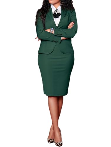 Minetom Damen 2-teiliges Anzug Set Langarm Blazer und Rock Slim Fit Bleistiftrock Zweiteiler Elegant Business Büro Outfit A Grün XL von Minetom