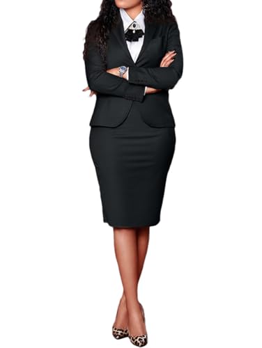 Minetom Damen 2-teiliges Anzug Set Langarm Blazer und Rock Slim Fit Bleistiftrock Zweiteiler Elegant Business Büro Outfit A Schwarz L von Minetom