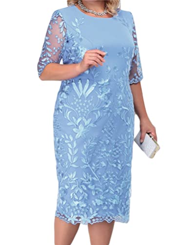 Minetom Damen 3/4 Ärmel Übergröße Spitze Kleid Loose Abend Cocktailkleid Knielang Retro Party Abendkleider Rockabilly Spitzenkleid B Blau XL von Minetom