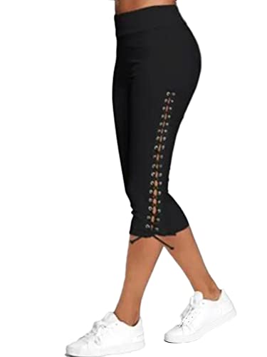 Minetom Damen 3/4 Yoga Hose Capri Kurze Sommer Stretch Stoffhose Mit Verband Hollow Sommerhose Leggings Freizeithose High Waist Jogginghose A Schwarz M von Minetom