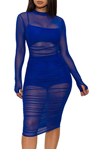 Minetom Damen 3 Stück Blusenkleid Sexy Transparent Bodycon Mesh Festlich Party Minikleid Clubwear Crop Top und Kleid und Shorts 3-teiliges A Blau XL von Minetom