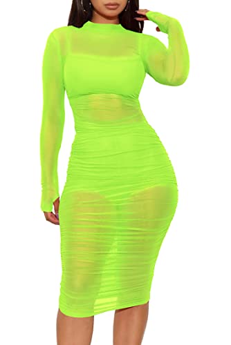 Minetom Damen 3 Stück Blusenkleid Sexy Transparent Bodycon Mesh Festlich Party Minikleid Clubwear Crop Top und Kleid und Shorts 3-teiliges A Grün L von Minetom