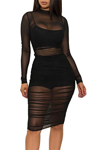 Minetom Damen 3 Stück Blusenkleid Sexy Transparent Bodycon Mesh Festlich Party Minikleid Clubwear Crop Top und Kleid und Shorts 3-teiliges A Schwarz L von Minetom