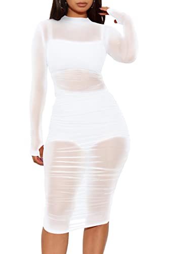 Minetom Damen 3 Stück Blusenkleid Sexy Transparent Bodycon Mesh Festlich Party Minikleid Clubwear Crop Top und Kleid und Shorts 3-teiliges A Weiß S von Minetom