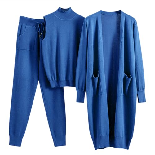 Minetom Damen 3 Stück Strickanzug Pullover Anzug 3-teiliges Tank Top und Strickjacke und Hosen Casual Freizeitanzug Sportanzug Trainingsanzug Outfit Sets A Blau L von Minetom