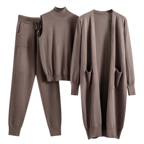 Minetom Damen 3 Stück Strickanzug Pullover Anzug 3-teiliges Tank Top und Strickjacke und Hosen Casual Freizeitanzug Sportanzug Trainingsanzug Outfit Sets A Khaki S von Minetom