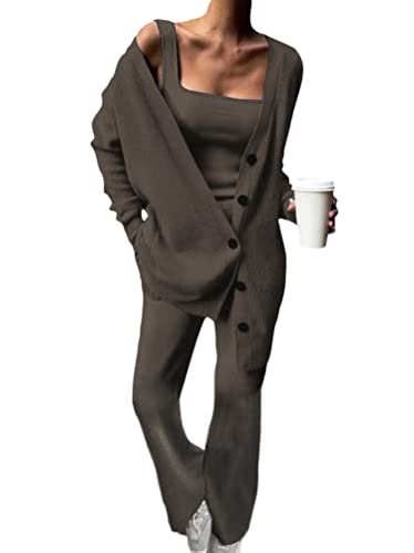 Minetom Damen 3 Stück Strickanzug Pullover Anzug 3-teiliges Tank Top und Strickjacke und Hosen Freizeitanzug Sportanzug Trainingsanzug Grau M von Minetom