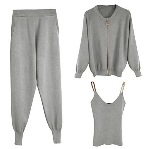 Minetom Damen 3 Stück Strickanzug Pullover Anzug 3-teiliges Tank Top und Strickjacke und Hosen Reißverschluss Freizeitanzug Sportanzug Trainingsanzug A Grau L von Minetom