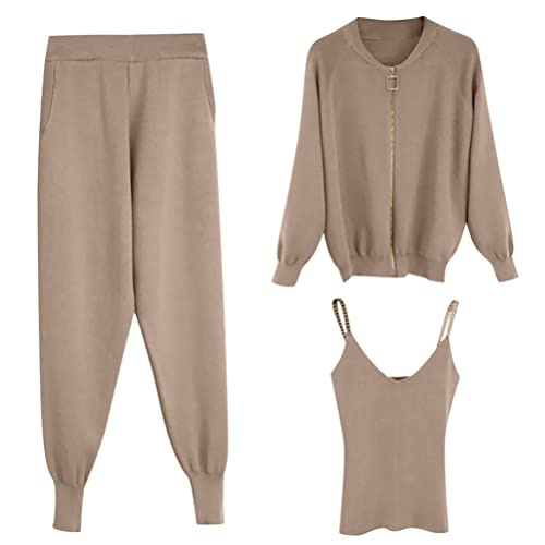 Minetom Damen 3 Stück Strickanzug Pullover Anzug 3-teiliges Tank Top und Strickjacke und Hosen Reißverschluss Freizeitanzug Sportanzug Trainingsanzug A Khaki M von Minetom