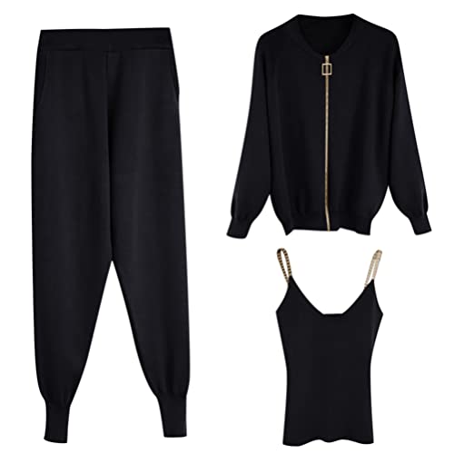 Minetom Damen 3 Stück Strickanzug Pullover Anzug 3-teiliges Tank Top und Strickjacke und Hosen Reißverschluss Freizeitanzug Sportanzug Trainingsanzug A Schwarz M von Minetom