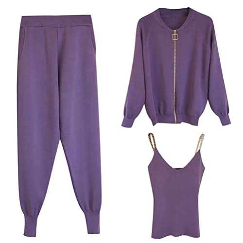 Minetom Damen 3 Stück Strickanzug Pullover Anzug 3-teiliges Tank Top und Strickjacke und Hosen Reißverschluss Freizeitanzug Sportanzug Trainingsanzug A Violett L von Minetom