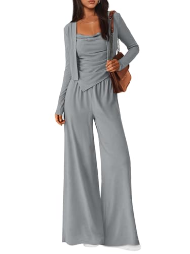 Minetom Damen 3-Teiliges Hausanzug Freizeitanzug Weich Loungewear Set Flare Hose Und Cami Unregelmäßiger Saum Pyjama Mit Cardigan Bequem Reiseoutfit A Grau M von Minetom