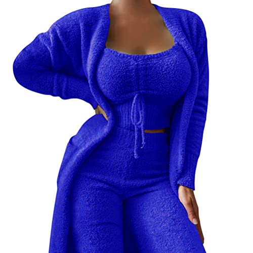 Minetom Damen 3-Teiliges Lounge Set Solid Plush Pyjamas Loungewear-Outfits Crop Tops Mit U-Ausschnitt Und Hoher Taille Hose Mit Offener Vorderseite Und Offener Strickjacke C Blau L von Minetom