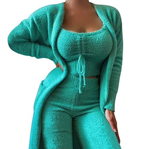 Minetom Damen 3-Teiliges Lounge Set Solid Plush Pyjamas Loungewear-Outfits Crop Tops Mit U-Ausschnitt Und Hoher Taille Hose Mit Offener Vorderseite Und Offener Strickjacke C Grün M von Minetom