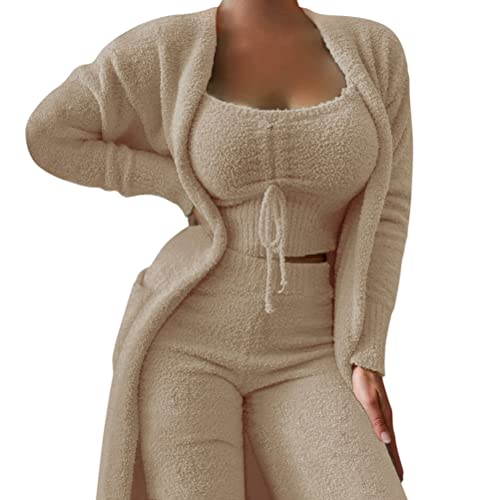 Minetom Damen 3-Teiliges Lounge Set Solid Plush Pyjamas Loungewear-Outfits Crop Tops Mit U-Ausschnitt Und Hoher Taille Hose Mit Offener Vorderseite Und Offener Strickjacke C Khaki L von Minetom