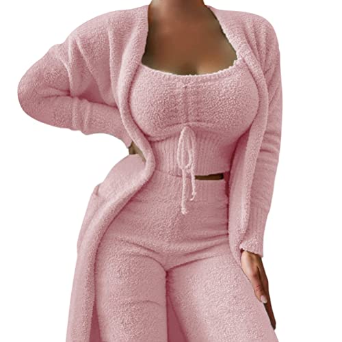 Minetom Damen 3-Teiliges Lounge Set Solid Plush Pyjamas Loungewear-Outfits Crop Tops Mit U-Ausschnitt Und Hoher Taille Hose Mit Offener Vorderseite Und Offener Strickjacke C Rosa L von Minetom