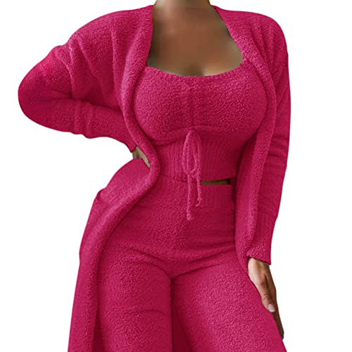 Minetom Damen 3-Teiliges Lounge Set Solid Plush Pyjamas Loungewear-Outfits Crop Tops Mit U-Ausschnitt Und Hoher Taille Hose Mit Offener Vorderseite Und Offener Strickjacke C Rosa Rot L von Minetom