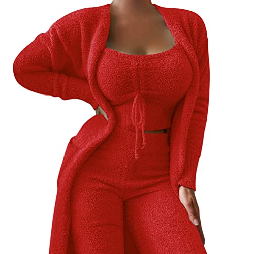 Minetom Damen 3-Teiliges Lounge Set Solid Plush Pyjamas Loungewear-Outfits Crop Tops Mit U-Ausschnitt Und Hoher Taille Hose Mit Offener Vorderseite Und Offener Strickjacke C Rot L von Minetom