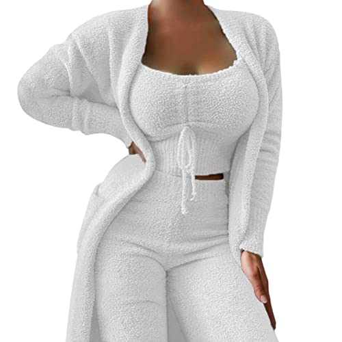 Minetom Damen 3-Teiliges Lounge Set Solid Plush Pyjamas Loungewear-Outfits Crop Tops Mit U-Ausschnitt Und Hoher Taille Hose Mit Offener Vorderseite Und Offener Strickjacke C Weiß L von Minetom