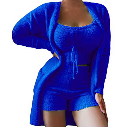 Minetom Damen 3-Teiliges Pyjamas Lounge Set Solid Plush Loungewear-Outfits Crop Tops Mit U-Ausschnitt Und Hoher Taille Hose Mit Offener Vorderseite Und Offener Strickjacke B Blau XS von Minetom