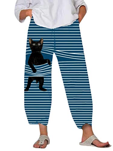 Minetom Damen 7/8 Jogginghose Haremshose Baggy Mit Taschen Pumphose Sommerhose Leichte Yoga Freizeithose Tierdruck Strand Hose A Blau Katze XL von Minetom