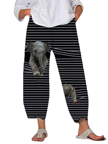 Minetom Damen 7/8 Jogginghose Haremshose Baggy Mit Taschen Pumphose Sommerhose Leichte Yoga Freizeithose Tierdruck Strand Hose A Schwarz Elefant L von Minetom