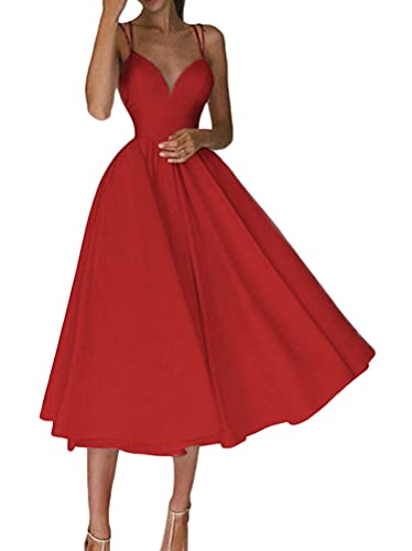 Minetom Damen A-Linie Elegant Festlich Abendkleid Rockabilly Party Cocktailkleid V-Ausschnitt Ärmellos Hochzeit Midi Kleid Swing Kleider B Rot L von Minetom